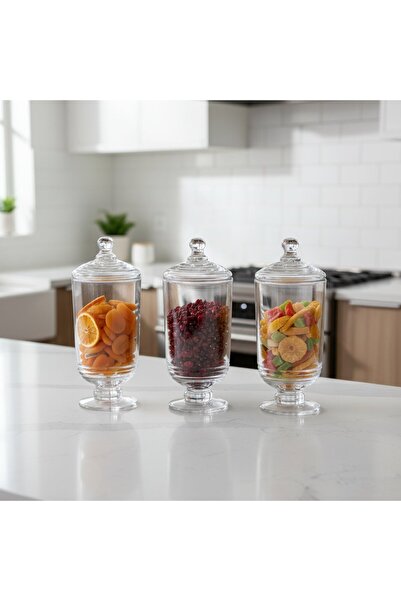 FAIR HOME 3’lü Çember Desen Tezgah Üstü Uzun Cam Drajelik-Baharatlık-Kavanoz Seti 3x950 cc.