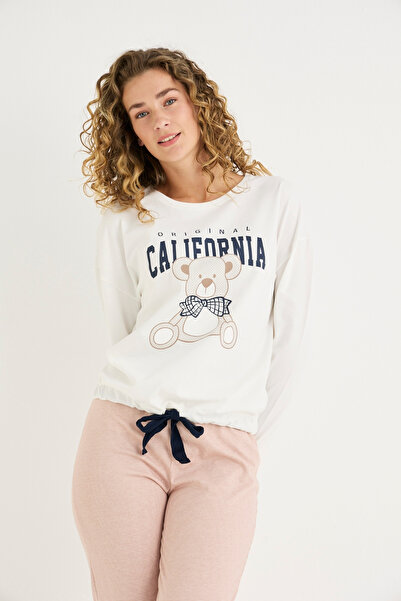 İPEKTENİM Yazı Ve Sevimli Ayıcık Baskılı Ribanalı Pijama Takımı