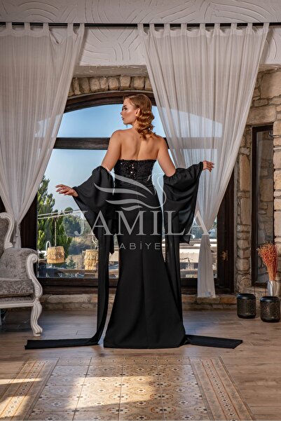 Lovely Dress Siyah Straplez Payetli Yırtmaçlı Kuşak Detaylı Abiye Elbise