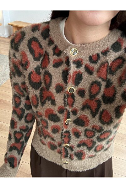 manana fashion Leopard Pattern Gold Buttoned Fur Cardigan