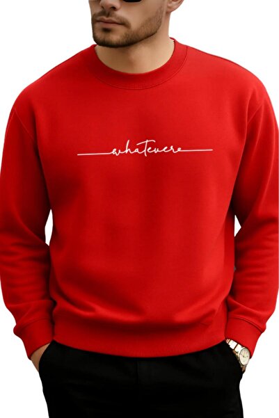 NO 601 Erkek Kırmızı Whatever Baskılı Sıfır Yaka Sweat