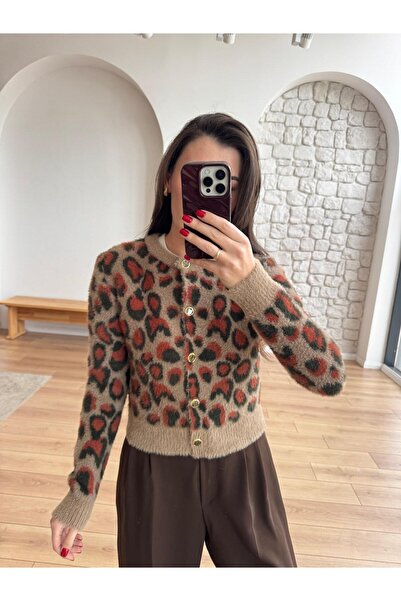 manana fashion Leopard Pattern Gold Buttoned Fur Cardigan