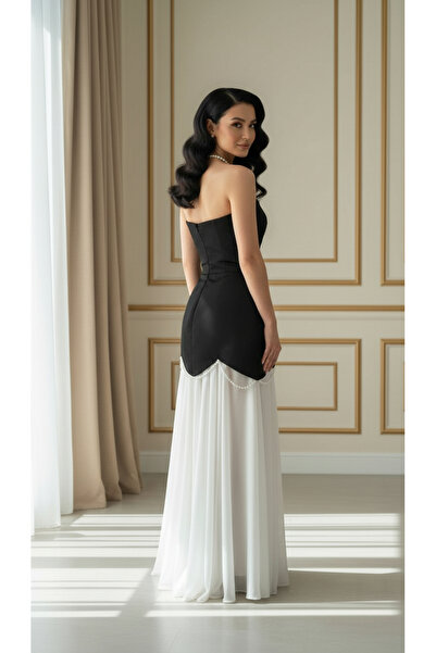 SEDABULBULTASARİM Siyah Straplez Saten İnci Boncuklu Beyaz Şifon Etek Abiye Elbise