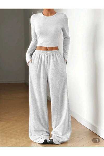 ELASSEL Χειμερινό γκρι γυναικείο φαρδύ παντελόνι σε μεγάλο μέγεθος, υψηλής πο...