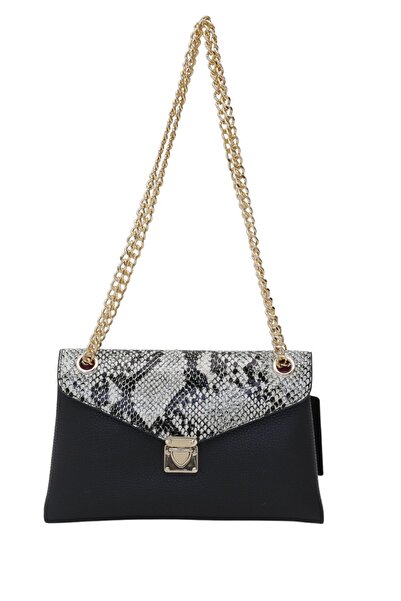 Eom Kadın Siyah Yılan Derisi Desenli Zincir Askılı El ve Omuz Çantası – Şık v...