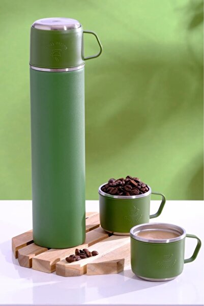 Kapris 304 Paslanmaz Çelik 3 Bardaklı Termos Seti Çay Kahve Piknik Kamp Yeşil