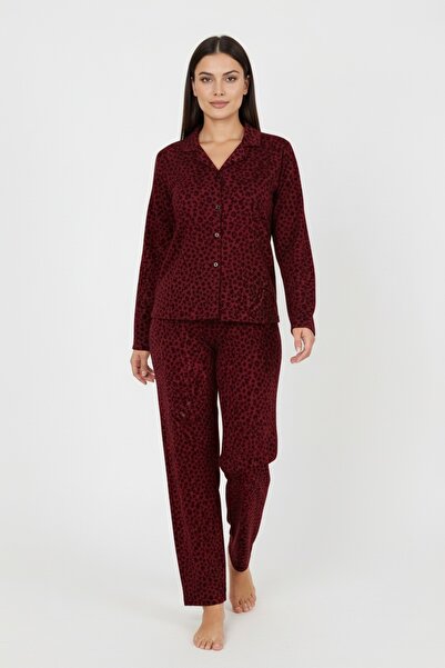 Bravie Luxury Soft Burgundy Leopard Print Long Sleeve Women's Pajama Set – Plus Size 3002