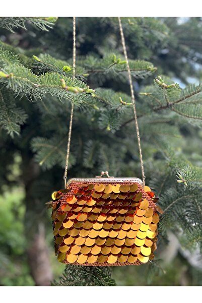 EL YAPIMI Bakır Renk Pullu Çanta