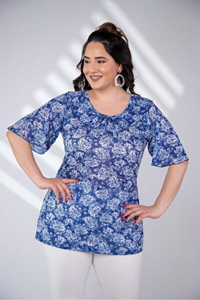 Roxxlen 112023 Γυναικεία μπλούζα με λουλούδια μεγάλου μεγέθους Ναυτικό μπλε