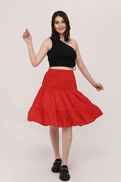 MAKSEN TEKSTİL Polka Dots Shorts Skirt - Viscose Fabric Comfortable Fit Elastic Waist Midi Length Women's Shorts Skirt
