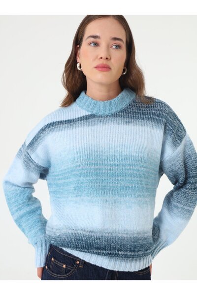 Refka Yuvarlak Yaka Degrade Geçişli Triko Kazak - Mavi -