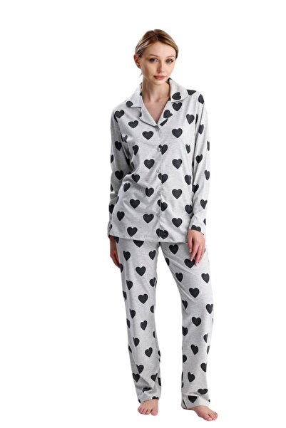Yeni İnci KALP DESEN PAMUK KADIN PİJAMA TAKIM