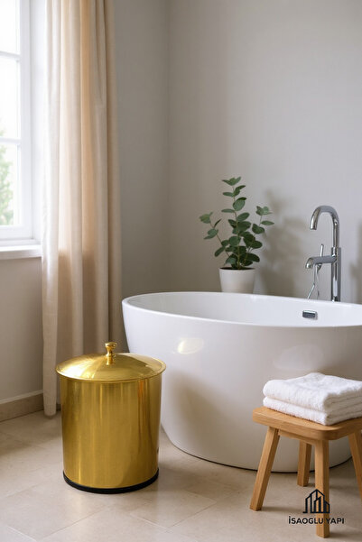 İSAOĞLU YAPI Matte Gold Trash Can Vintage Classic Design Brushed Gold Metal Bucket