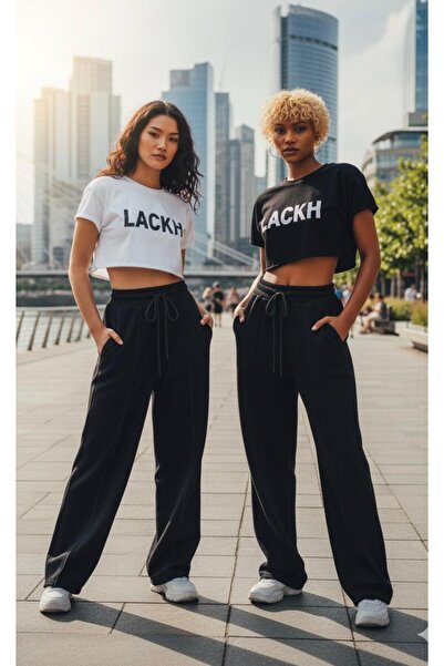 LACKH قطعتان من بنطلونات رياضية سوداء مريحة للارتداء اليومي مع طباعة أمامية م...