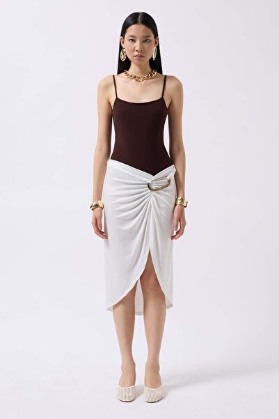 Maxi modena Buckle Detail Asymmetrical Ecru Skirt - 40