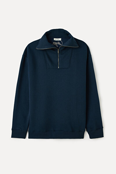 Mudo Loose Fit Zip-Up Stand-Up Collar Embroidered Sweatshirt