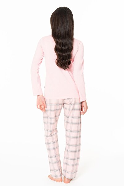 U.S. Polo Assn. Kadın Uzun Kollu Altı Kareli Pijama Takımı S26169 Bisiklet yaka düğmeli