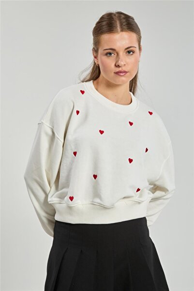 BARRELS AND OIL Hanorac scurt pentru femei cu broderie inimă - Ecru