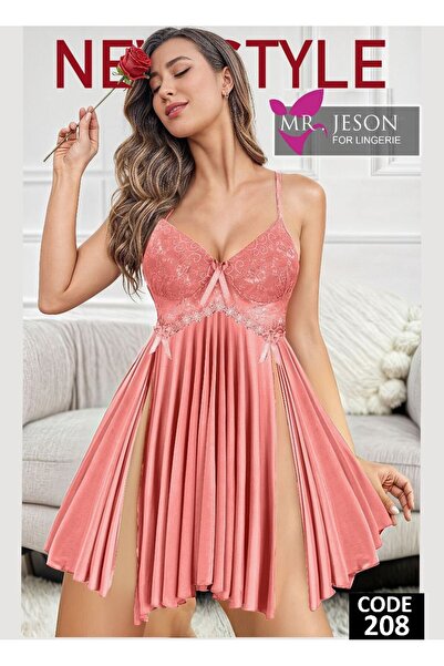 Nice Model Luxury Lace Pleated Nightgown with Side Slits Spaghetti Strap Babydoll Sleepwear Lingerie