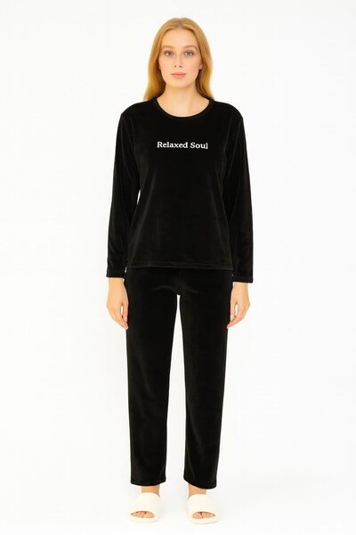 Pemilo Women's 13164 Elastic Leg Velvet Pajama Set Black