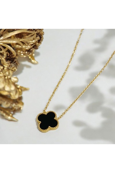 bs bellss accessory Siyah Tek Yonca Model Kolye