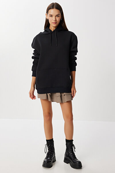 Lovelyİstanbul سويت شيرت محبوك كبير الحجم بغطاء للرأس LEN0042 أسود