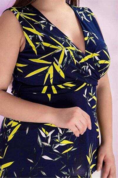 Roxxlen 122314 Γυναικεία μπλούζα με λουλούδια μεγάλου μεγέθους με κορδόνια σε μπλε ναυτικό