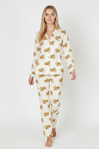 Bravie Πολυτελές Σετ Γυναικεία Πιτζάμα με μακρυμάνικο σχέδιο αρκουδάκι από εκρού – 3041