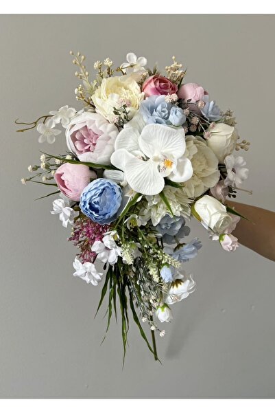 DUGİNA Sarmaşıklı Şelale Gelin Buketi Orkide Şakayık Erengül Gül Beyaz Mavi P...