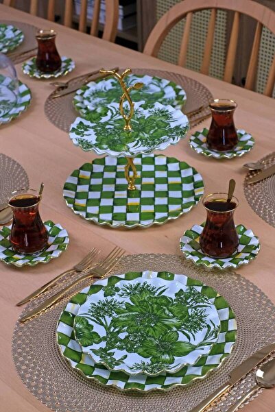 akdeniz home Glore Mode Green Altın Yaldızlı 34 Parça 6 Kişilik Cam Pasta Servis Takımı | Lüks Altın Detaylı Set