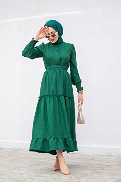 Tesettür Diyarı Rochie de in cu detaliu volanat la fustă - Smarald