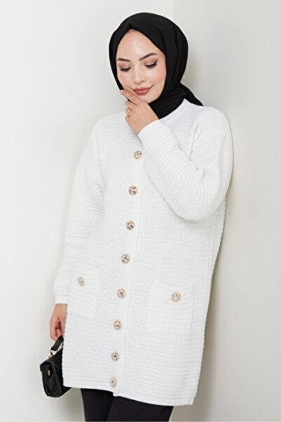 Bestenur Πλεκτή ζακέτα με κουμπιά Lezgi 1599 - Λευκό