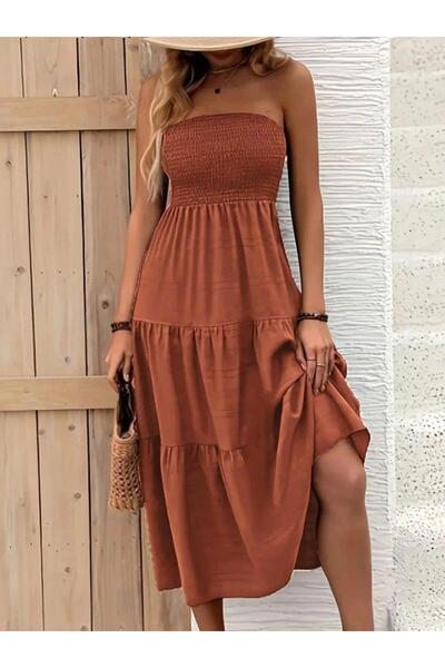 Pazarcan فستان نسائي طويل بدون حمالات من الصدر مرن واسع