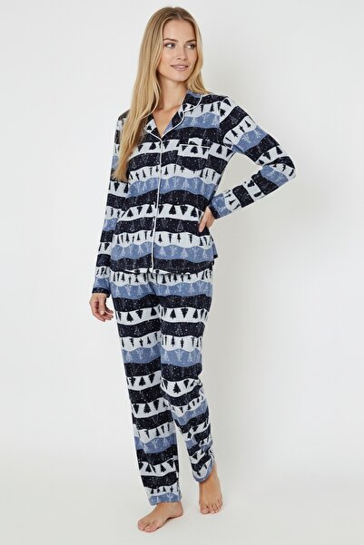 Bravie Розкішний м'який темно-синій комплект жіночих піжам з довгими рукавами та малюнком соснового дерева – 3048