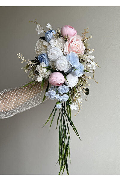 DUGİNA Sarmaşıklı Şelale Gelin Buketi Gül Şakayık Kır Çiçekleri Beyaz Mavi Pe...