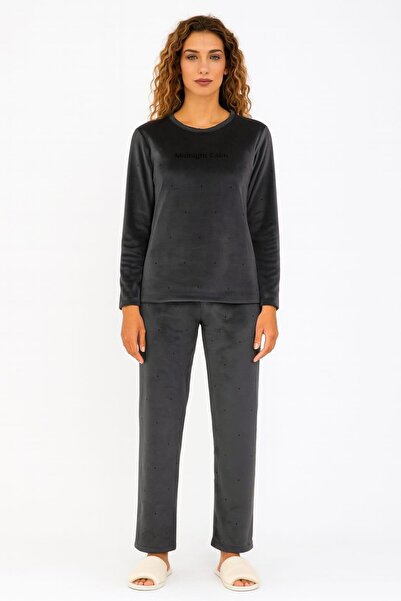 Pemilo Women's 13504-2618 Long Sleeve Velvet Pajama Set Smoked