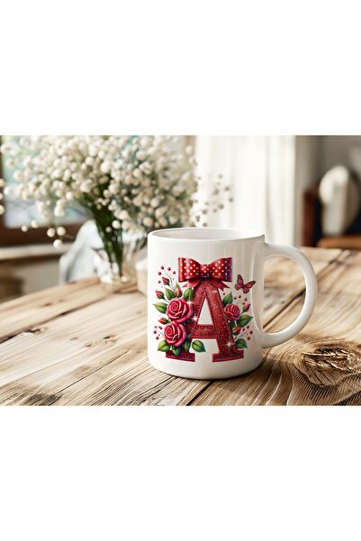 Beramussa كوب حرف A بتصميم الوردة اللامعة – كوب قهوة وشاي بنمط فيونكة حمراء و...