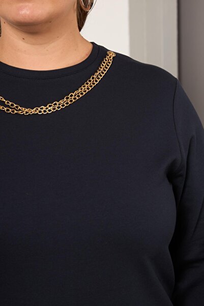 RMG Collar Chain Detailed Oversized Sweatshirt Navy Blue