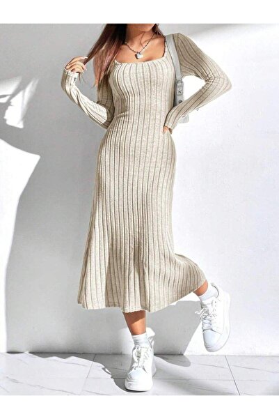 Genel Markalar Kadın Uzun Kollu Kare Yaka Midi Kaşkorse Elbise