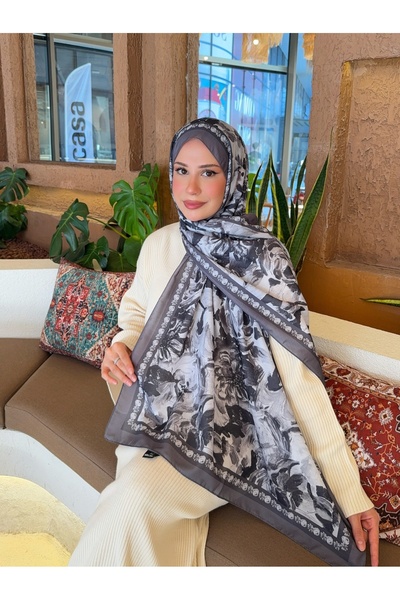 Mira İpek Desenli Pamuk Soft Şal Soon Serisi Gri-Siyah Beyaz ps108