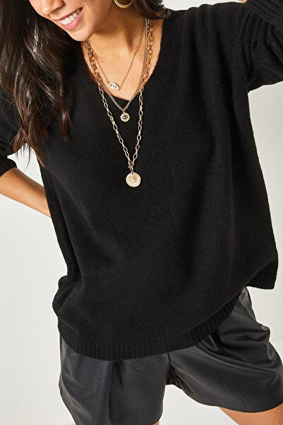MILANOFOX Γυναικείο μαλακό μαύρο πουλόβερ με λαιμόκοψη σε σχήμα V