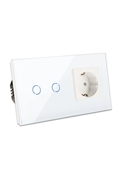 Bingoelec Întrerupător 4M (2+2M) cu 2 butoane tip scară/cruce și priză Shuko cu ramă de sticlă, culoare albă