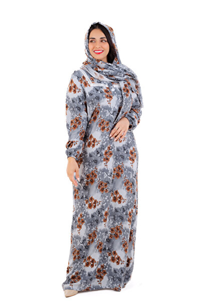 amaan Women's Modern Floral Print Rayon Abu Tarha Jalabiya, Long Sleeve, elastic cuff with Headscarf.