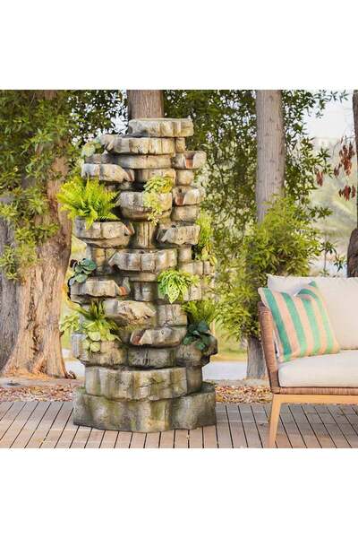 Danube Home Niagara Falls Outdoor Fountain with Light - Brown Polyresin & Fib...