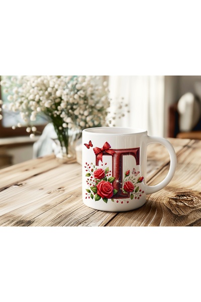 Beramussa Letter t Glitter Rose Mug – Coffee Tea Cup with Red Bow and Floral ...