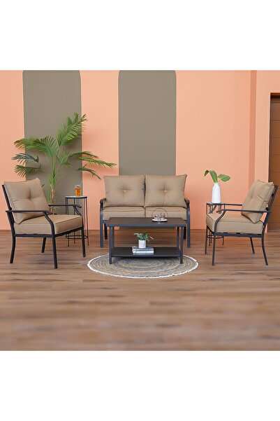 Danube Home طقم أريكة خارجية إيمي بأربعة مقاعد - بيج، يتضمن أريكتين فرديتين وطاولة واحدة، ضمان لمدة عام