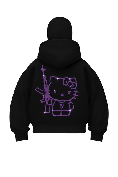Gofeel Hello Kitty Parıltılı Taş Kar Maskeli Kapüşonlu Oversize 3 İplik Hırka