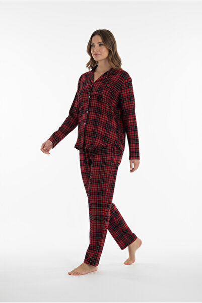 Bravie Luxury Soft Red Plaid Patterned Long Sleeve Women's Pajama Set – 3063