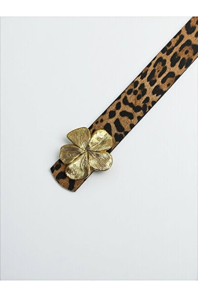 Kemerix Women's Gold Buckle Leopard Detailed Belt