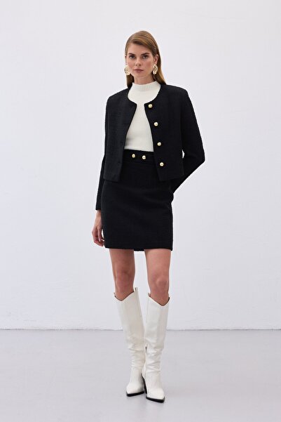 Sateen Düğme Detaylı Mini Tüvit Etek - Siyah